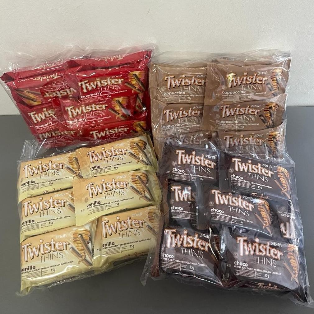 

DELFI TWISTER THINS 15 GR ( 1 BAG / 12 PC ) / BISKUIT TWISTER THINS / SNACK RASA VANILA / COKLAT / STRAWBERRY / CAPPUCINNO Nugi