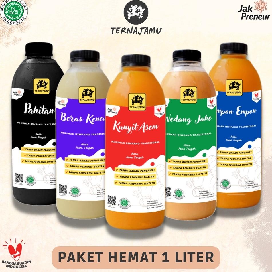 

3 Botol Jamu Kunyit Asam Beras Kencur Empon Empon Wedang Jahe Temulawak 1 Liter Ternajamu