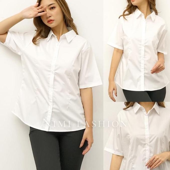 NIMI - Kemeja Basic Lengan Pendek Wanita Kemeja Putih Formal Pendek