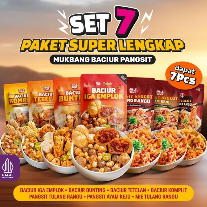 

7 Pcs Beledos Paket All Varian Baciur dan Pangsit Nyocot Tulang Rangu Baciur Iga Emplok Baciur Tetelan Baciur Bunting Sambal Taichan Pedas