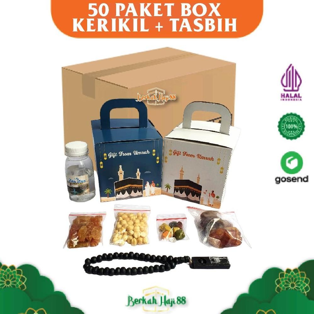 

Paket Oleh Oleh Haji Dan Umroh Dus Box + Coklat Kerikil + Tasbih Kayu Per 50 Pcs