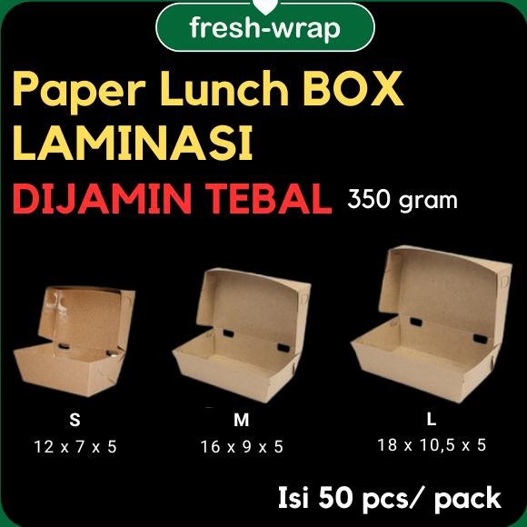 

Paper Lunch Box Laminasi 350 gsm Isi 50 lbr/pack Ukuran S/M/L Kraft Coklat Nugi