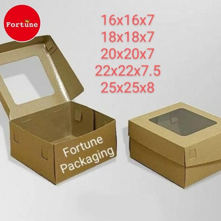 

(Isi 10 pcs) Dus Kraft 16x16x7/18x18x7/20x20x7/22x22x7.5/25x25x8 Laminasi Tebal Kokoh Bagus untuk Pudding, Bolu Jadoel, Marmer Cake dll Nugi