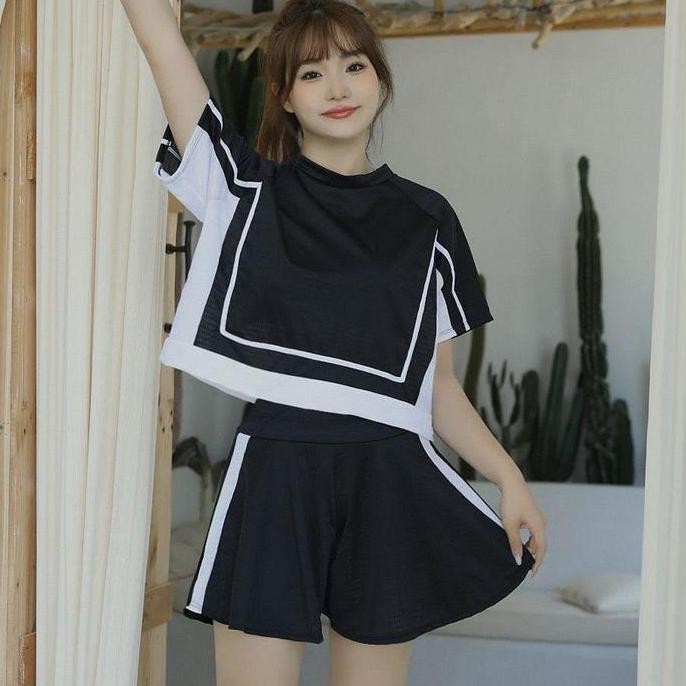 TERBARU - Baju Renang Import Wanita Set Kaos Celana Hitam Putih Jumbo Big Size