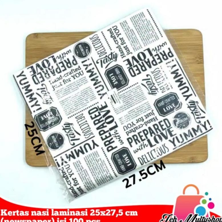 

Kertas nasi laminasi 25x27,5 cm (newspaper,bread, yellow food,banana leaf,love) isi 100 pcs Nugi