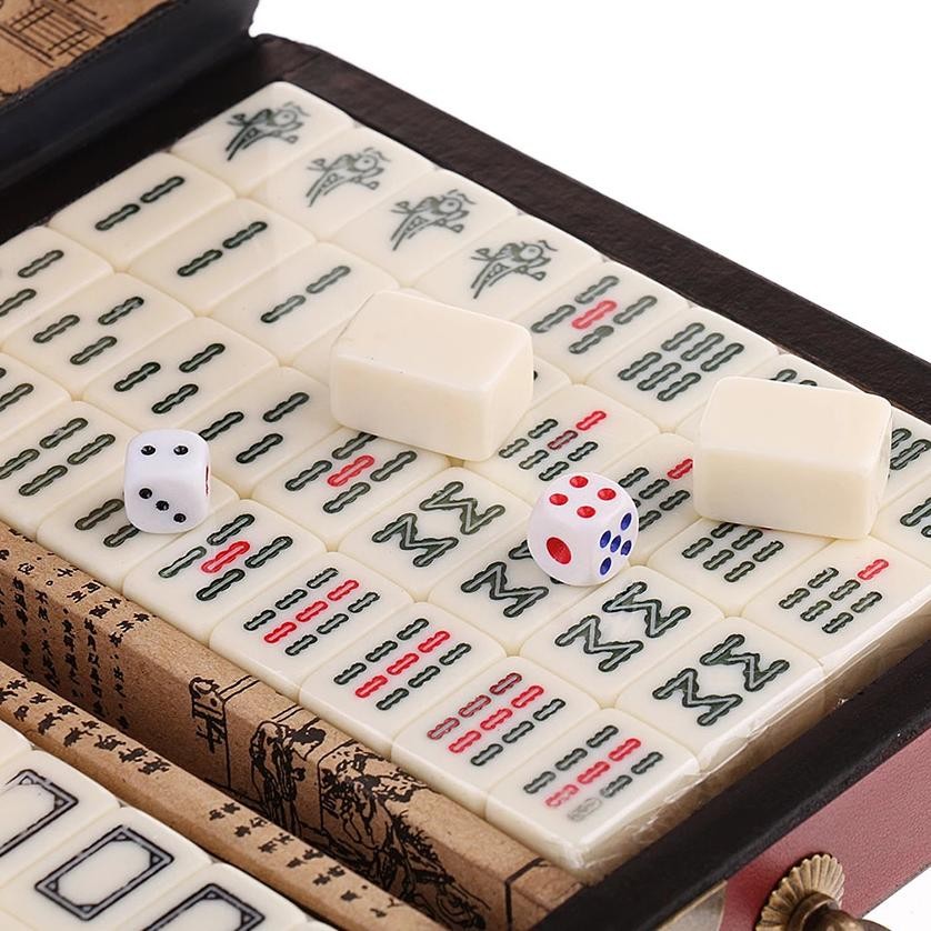 Retro Mini Portable Mahjong Set Dengan Tempat Kotak Kayu Permainan Mahyong China Catur Cina
