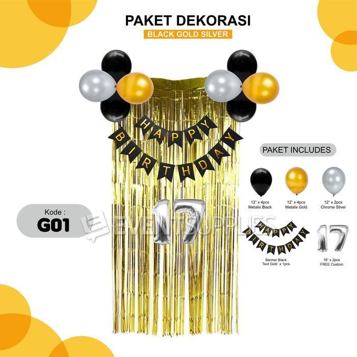 Paket Hemat Dekorasi Ulang Tahun Gold Hitam Remaja Dewasa Sweet Seventeen 17 Perlengkapan Pesta Balo