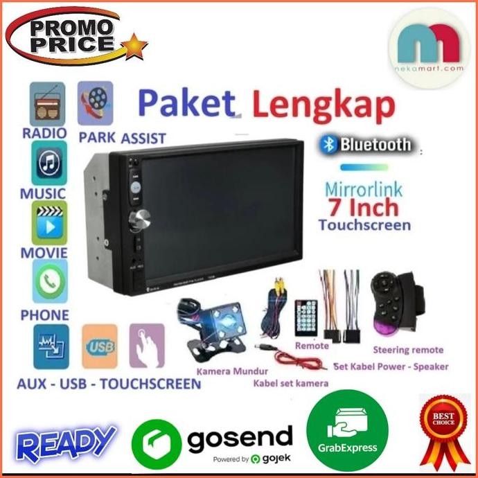 NEW Paket Lengkap Tape Mobil Double Din 7 Inch Kamera Mundur Remote Setir