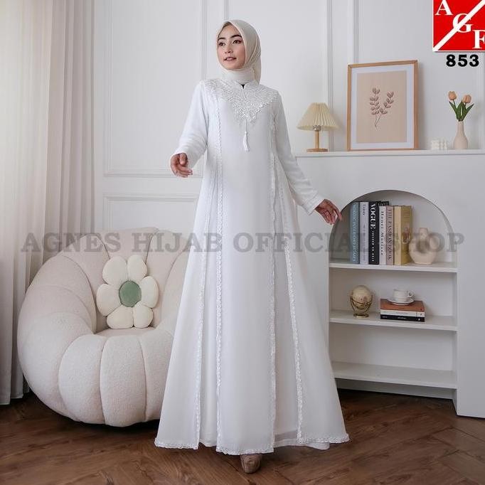 Agnes Hijab - Bilha Dress Gamis Putih Baju Lebaran 2024 Model Baru Elegan Renda Kombinasi Silk Abaya
