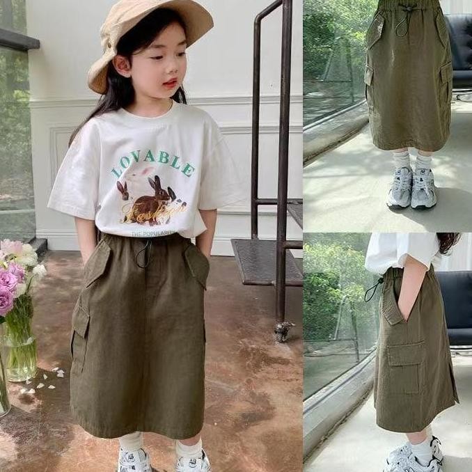 Kingogo Setelan Rok Cargo Anak Perempuan Oneset Anak Cewek Setelan Anak Perempuan Set Cargo Atasan L