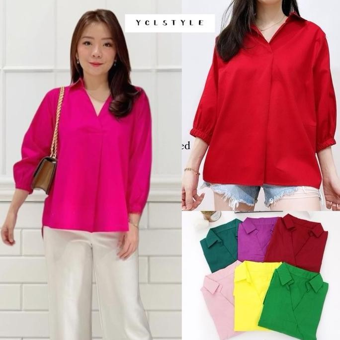 SIAP KIRIM NAGITA BLOUSE - V-NECK TWIST COTTON SHIRT BLUS WANITA ELEGAN LENGAN PANJANG