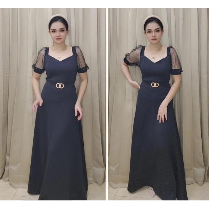 Gaun Panjang Wanita LooWear Lengan Pendek Tile Mutiara Premium Butique Scuba Maxi Pesta Kondangan Ca