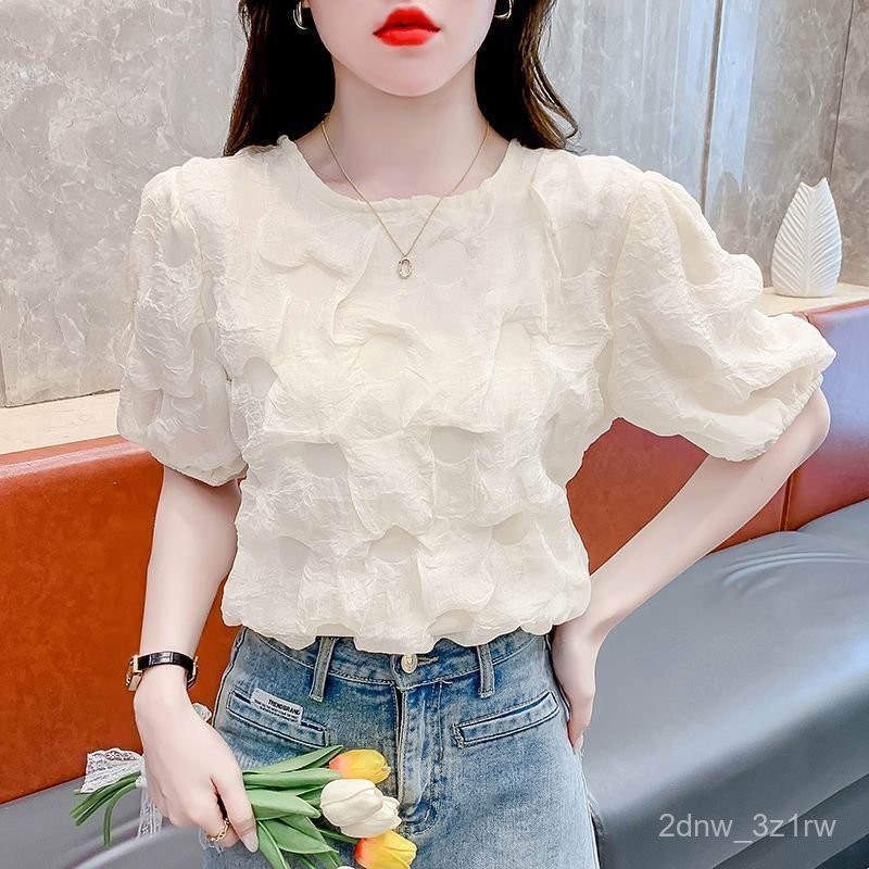 Gaya Korea Wanita Lengan Puff Longgar Serbaguna Lengan Pendek