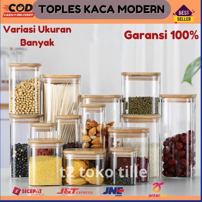 Toples Kaca Aesthetic Penyimpanan Wadah Makanan Kue Kering Tutup Kayu
