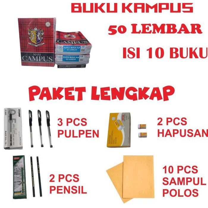 

SWG Buku Tulis Kampus 50Lembar dengan Paket Lengkap Pulpen Pensil Penghapus Sampul Paper Stationery