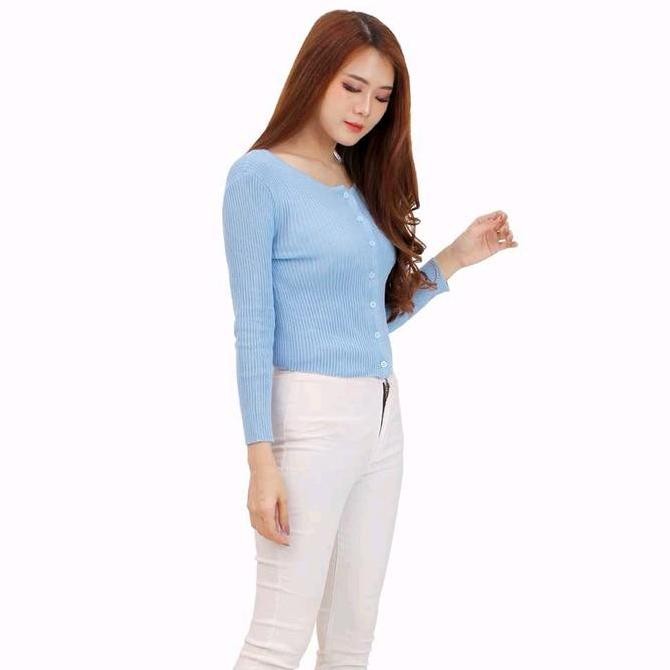 Cardigan Rajut Wol Wanita Tangan Panjang Knit Korean Basic Polos Biru Muda Fit Outer  Nyaman  Kardig