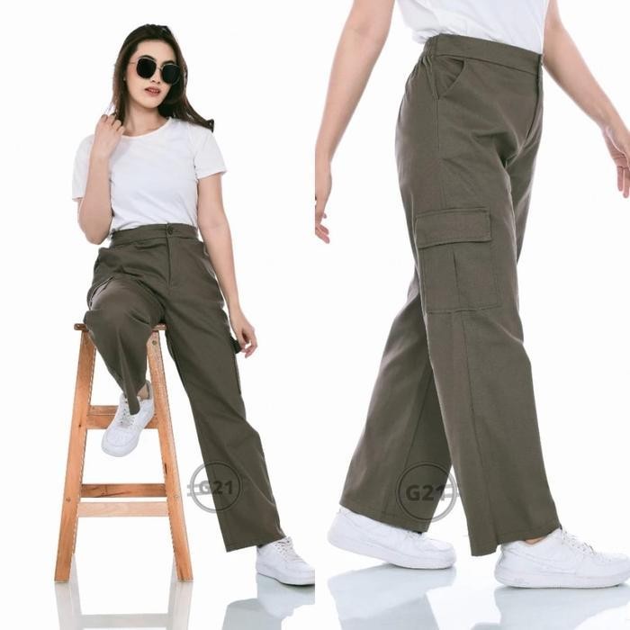 ZCS Celana Kargo Pants Wanita Jumbo Bahan American Drill size M L Xl XXl OOTD Korean Style Kain Teba