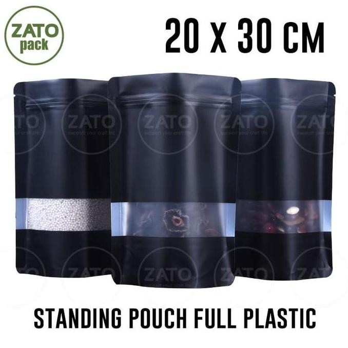 20x30 - 50 pcs BLACK STANDING POUCH FULL PLASTIC - kemasan packaging bungkus standing pouch ZATOPACK