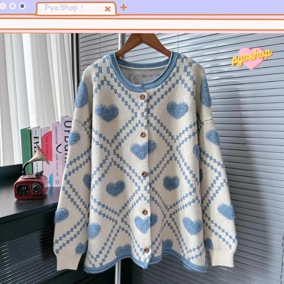 PYOSHOP - Cardigan Knitwear Oversize Motif Love Rajut Wanita Warna Pastel
