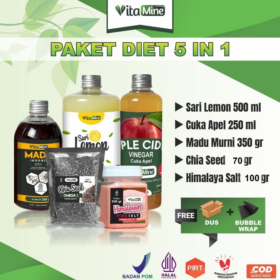 

Vitamine Paket Detox 5In1 Paket Hemat Cuka Apel Sari Lemon Chia Seed Madu Hutan Garam Himalaya