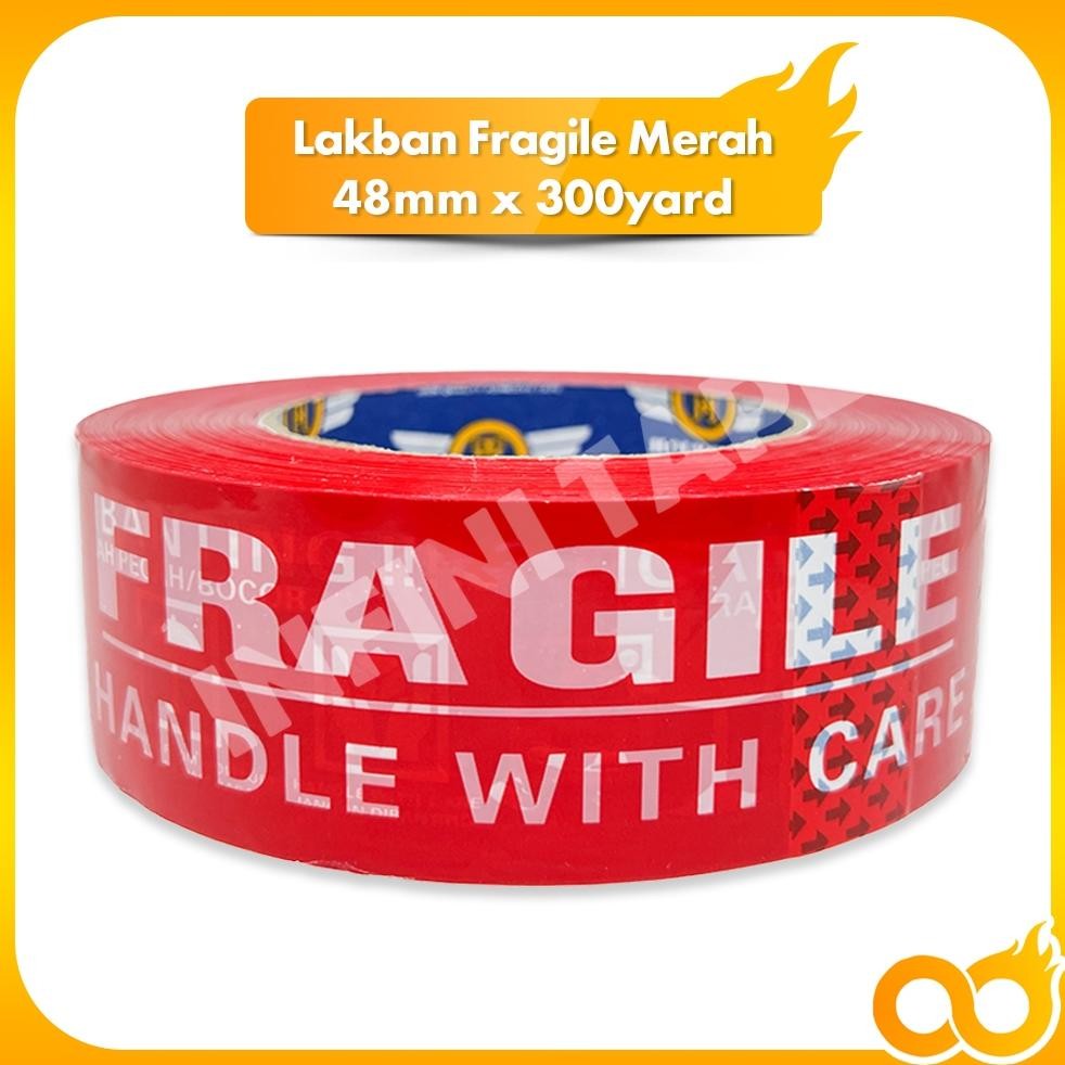 

Readyy!! Lakban Fragile Merah Handle With Care 300 Yard x 48 mm x 48 micron Jangan Dibanting Holytape