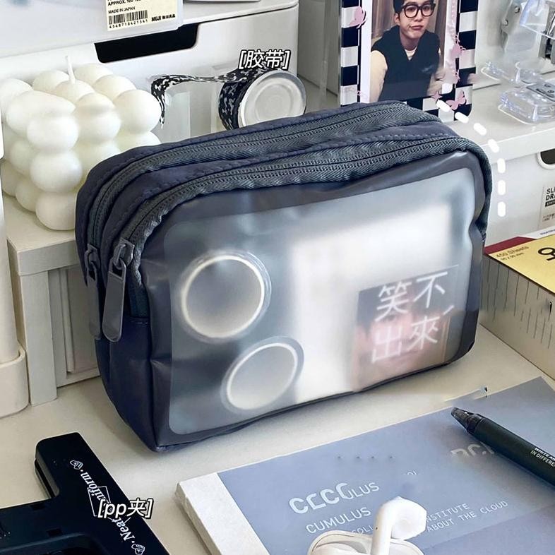 

Readyy!! Ins gaya berkapasitas besar tempat pena transparan mahasiswa Jepang matte double-layer bernilai tinggi ceruk tempat pena multi-kompartemen tas alat tulis multifungsi