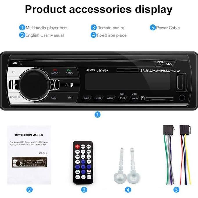 JSD-520 Head Unit Single Din Stereo Dengan Bluetooth Handsfree Untuk Mobil Tape Audio Radio Mobil Mu