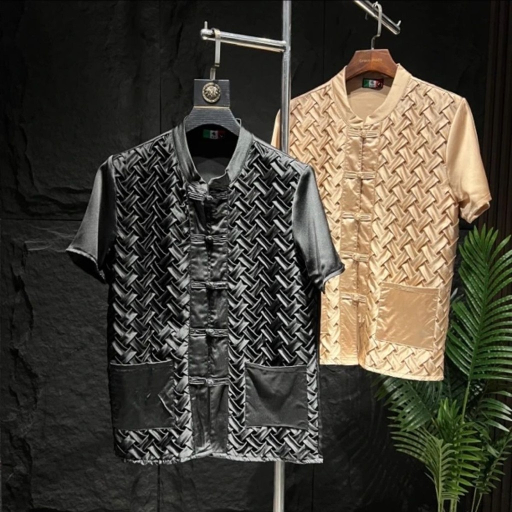 Kemeja Lengan Pendek Mewah Ringan Pria Kerah Berdiri Fashion Tenun Silang Tang