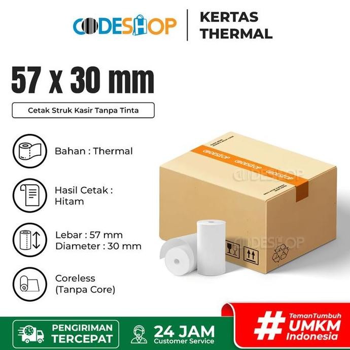 

NEW Codeshop Kertas Struk 57x30 mm Printer Kasir Thermal EDC Isi 100 Roll