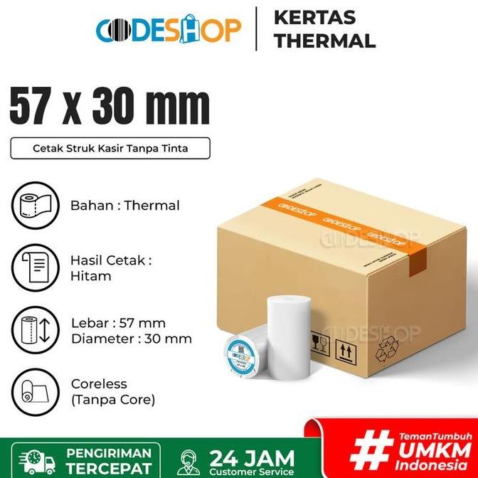 

TERMURAH - 1 DUS Kertas Thermal Codeshop 57 x 40 mm Roll Printer Struk Kasir 58mm