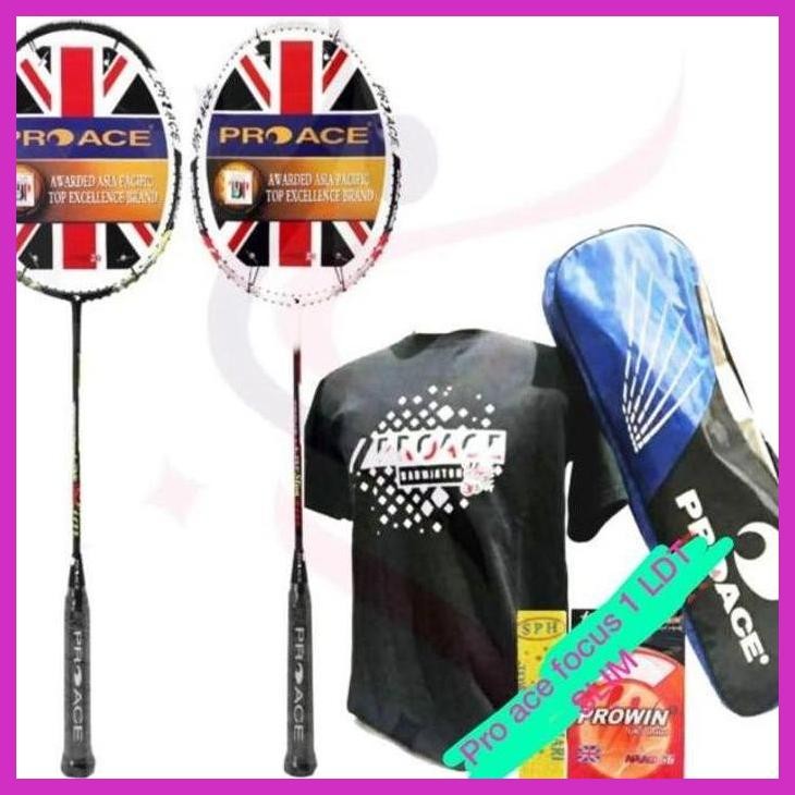 (OLAHRAGA) RAKET BADMINTON PRO ACE FOCUS 1 LDT SLIM KOMPLIT SENAR+TAS+KAOS ORI PRIVASI AMAN