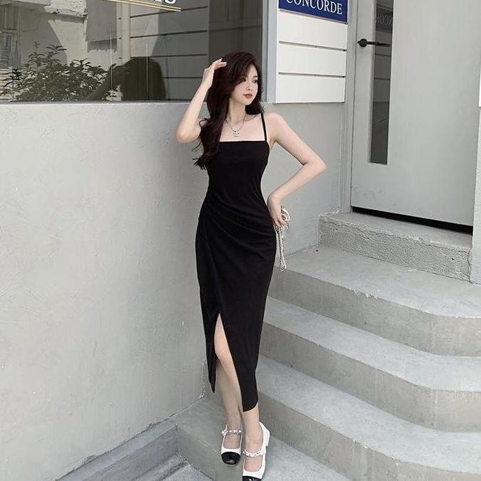 {}7810 gaun dress wanita korean style panjang hitam kekinian 2024 chic simple black long dress elega