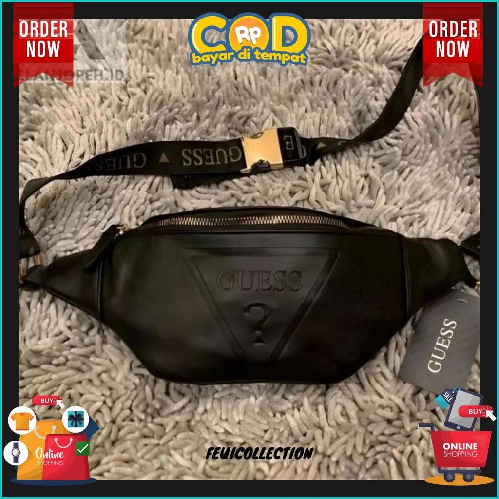 Anti Air  High Quality Waistbag Guess Black Gold Import Waterproof Unisex  | Tas Pinggang Kulit / Wa