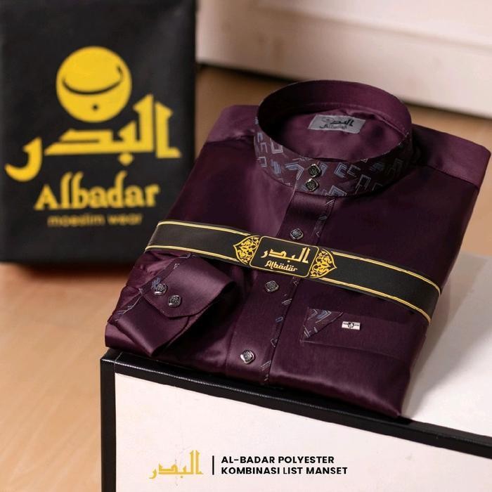 Jubah Albadar Polyester Manset Kombinasi Gamis Pria Dewasa Muslim Putih Hitam Navy Abu Kancing Gki