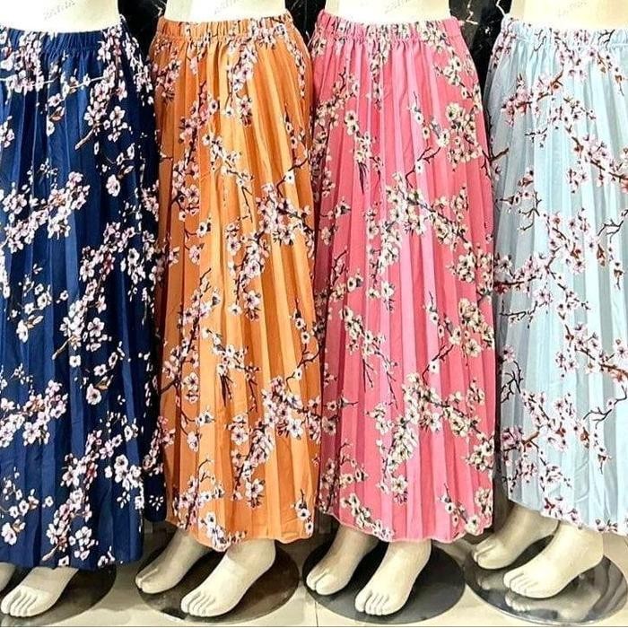 Rok Plisket Motif Bunga Dewasa Muslim Wanita Panjang Bawahan