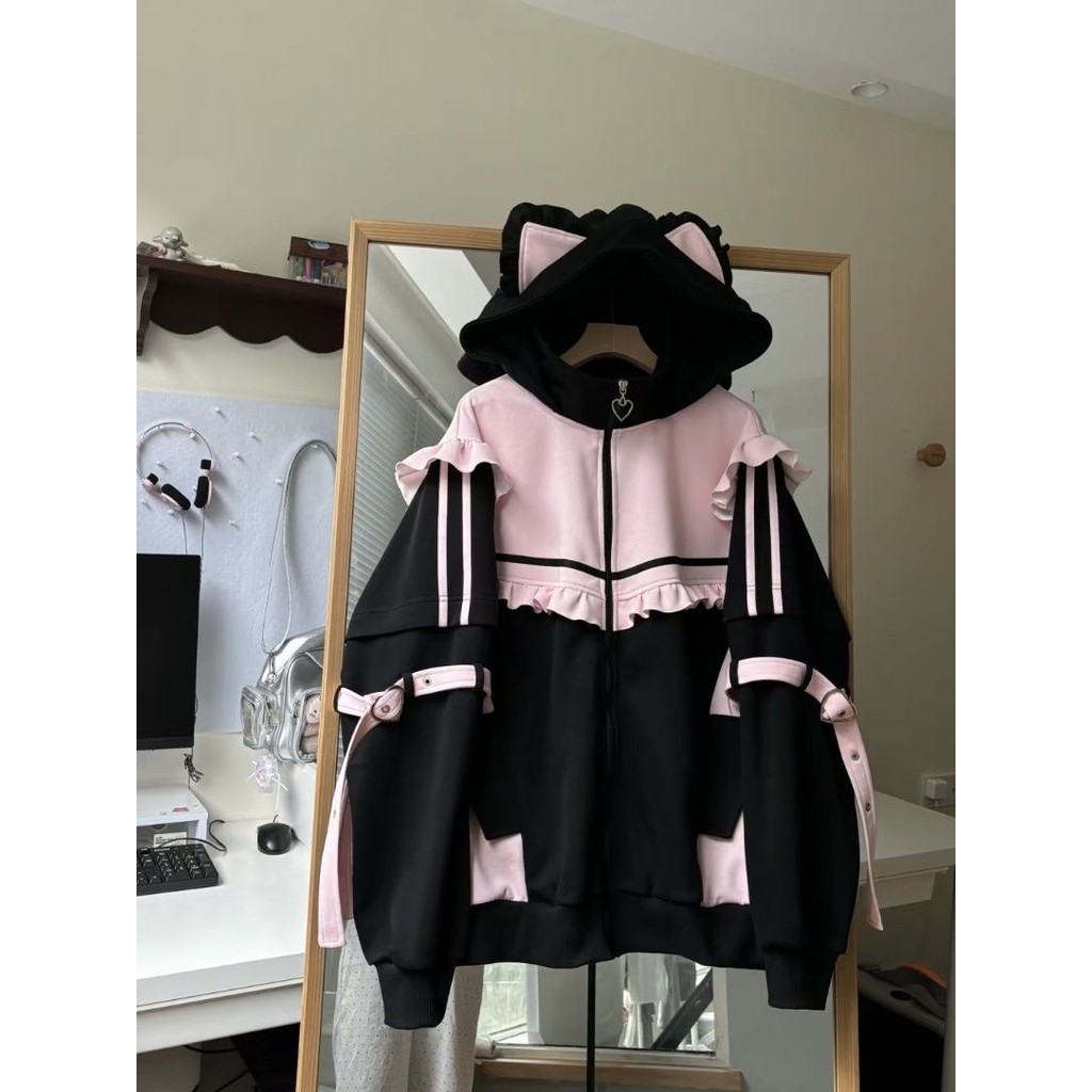 Gaya Jepang Lucu Patchwork Blok Warna Palsu Dua Potong Hoodie Cardigan Sweatshirt untuk Wanita
