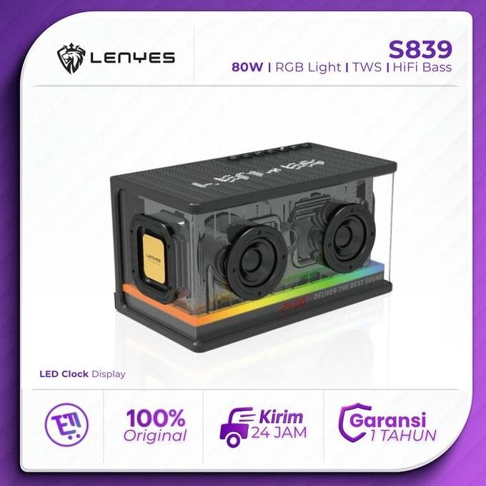 LENYES S839 80W Speaker Bluetooth 5.2 Transparent RGB Body with Time Display Digital