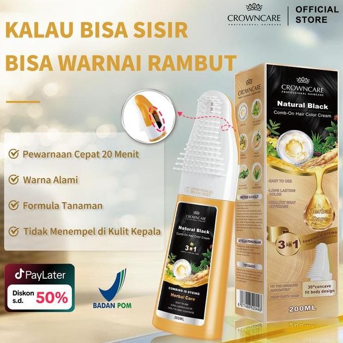 Original CrownCare Hair Coloring Shampoo 200ml - Sampo Penghitam Uban & Nutrisi Rambut + Sisir Aplik