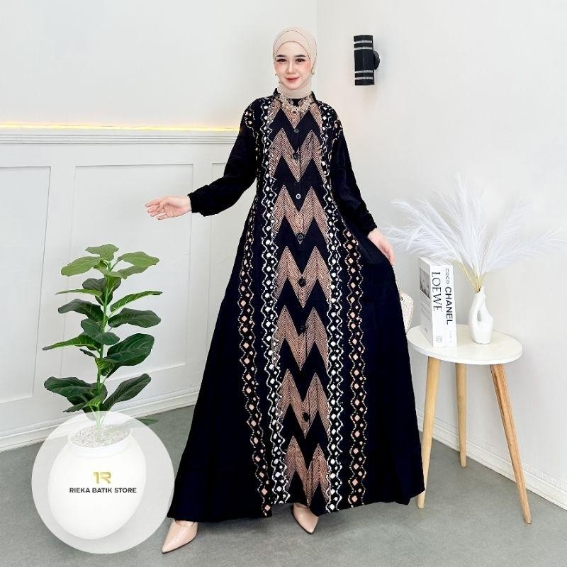 Ef Rieka Batik-Gamis Twill Ori Cantik Kancing Panjang Muslim Dress Kantong Nyaman Kain Lembut Varias