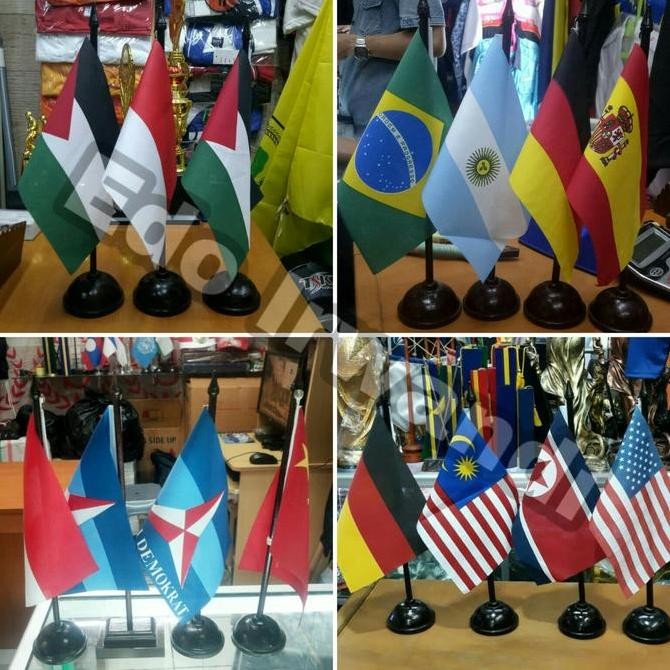 Original Tiang Bendera Meja Kayu + Bendera Negara Paket Lengkap