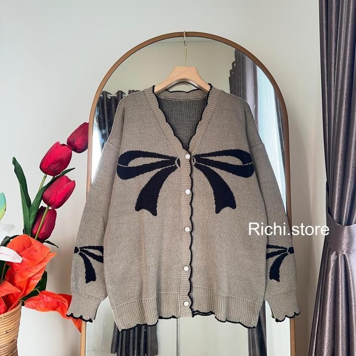 Yolanda Cardigan Rajut Knitwear Wanita Panjang Motif Pita Coquette Sweater Atasan Original Dan Terpe