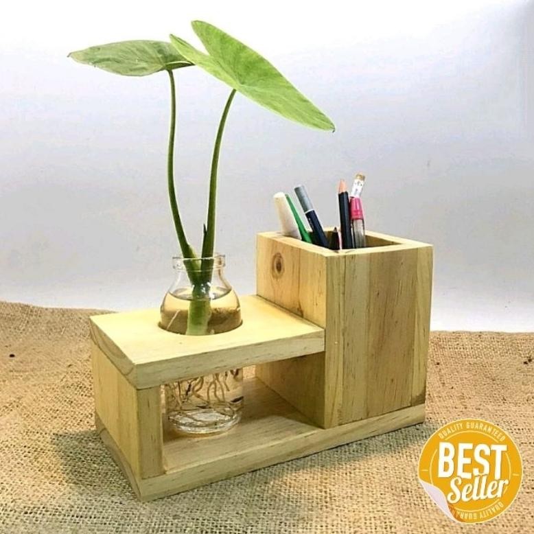 Vas Bunga Kayu Botol Hidroponik Estetik / Tempat Pulpen Pensil Remote/ Rak sendok Garpu Sumpit / Paj