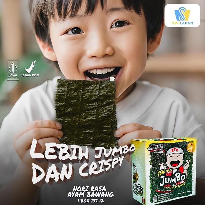 

JB Snack Nori Korea Tokinori Jumbo | Kemasan 1 Karton isi 60 pcs | Crispy Halal dan BPOM | Rasa Original, Ayam Bawang, BBQ, Spicy None