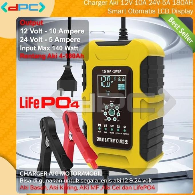 Foxsur Charger Aki 12V-10A 24V-5A 180Ah Smart Auto Lcd Display
