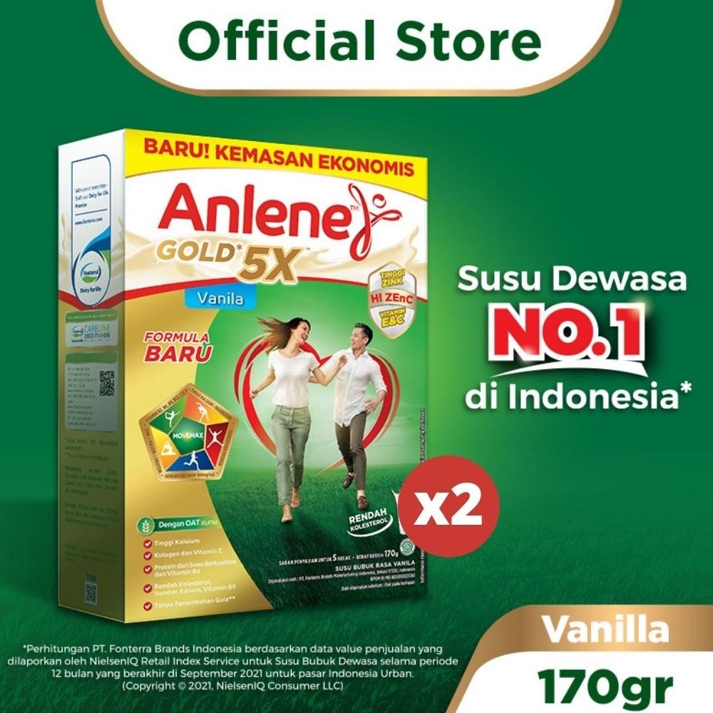 

NO_MORE Anlene Gold 5X Susu Bubuk Dewasa Vanila 2 x 170g - Nutrisi Tinggi Kalsium Untuk Tulang, Sendi, dan Otot