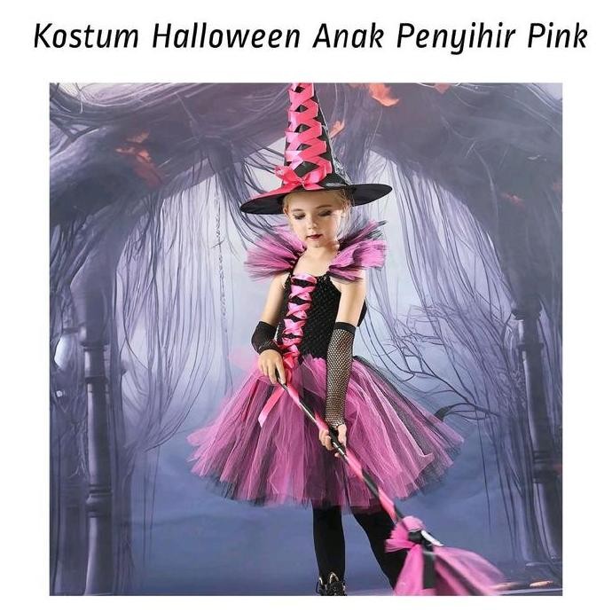 ><><><] Kostum Halloween Anak Penyihir Pink Witch Cosplay Nenek Sihir