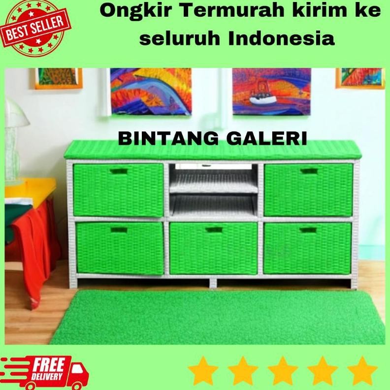 Lemari Rotan Sintetis 5 Laci Dvd Lemari Plastik Meja TV Rotan Rak Susun Murah Nugi