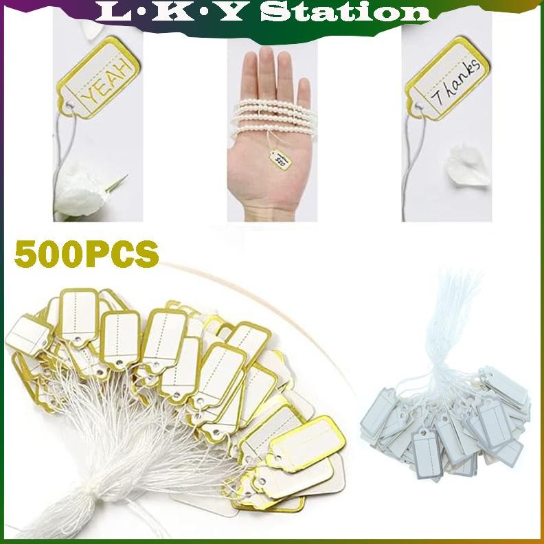 

Isi 500pcs Tag With Hanging String Label Harga Perhiasan Putih List Gold/Silver Nugi