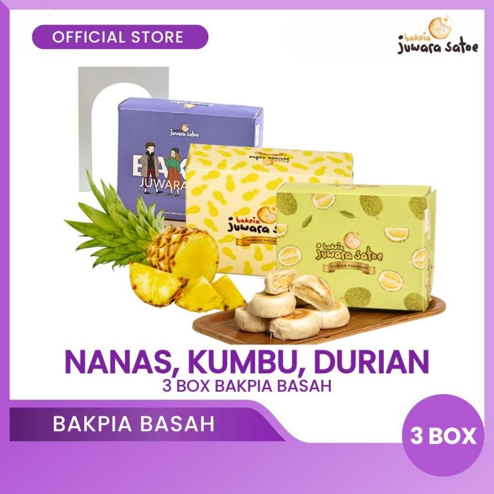 

NO_MORE BAKPIA JUWARA SATOE [ 3 Box ] Paket Bakpia Basah (Nanas, Kumbu, Durian) - Oleh Oleh Khas Jogja