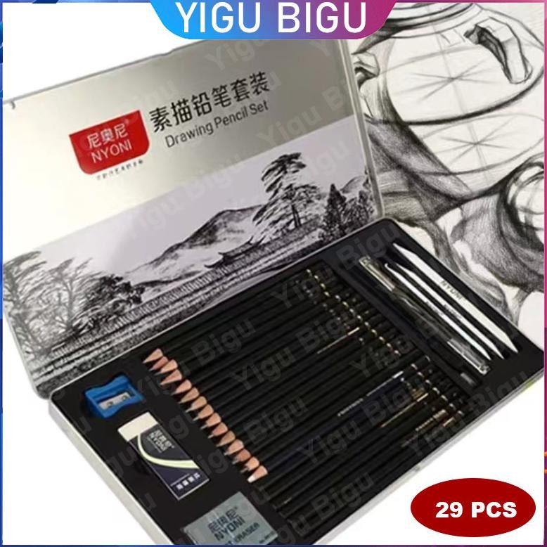 

29 Pcs Pensil Sketsa Set Pensil Kotak Besi Tirai Pensil Set Lengkap Alat Gambar Tangan Siswa Pensil Arang Lembut Profesional Nugi